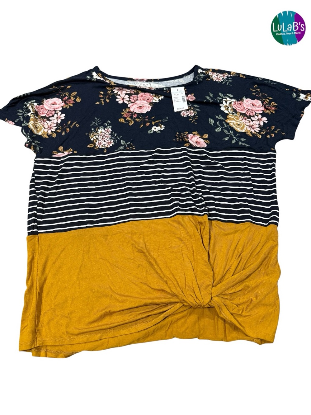 Maurices Floral, Black & Mustard Colorblock Knot-Front Short Sleeve Top READ